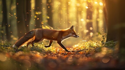  a red fox walking through a forest filled with lots of green and yellow leaves on top of a lush green grass covered forest filled with lots of yellow and red leaves.