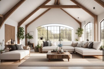 Fototapeta premium farmhouse interior home design of modern living room with white sofa and furniture with large window