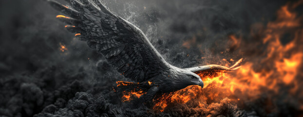 Majestic grunge-style eagle in flight with a fiery aura. - obrazy, fototapety, plakaty