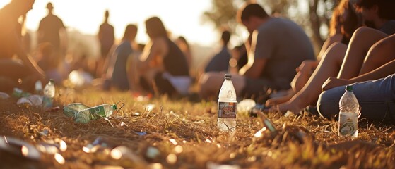 People sitting on the grass with plastic waste on the ground. Selective focus. Generative AI.