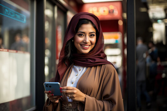 Confident Smiling emirate women, outdoor portrait.	
