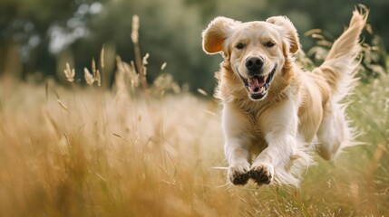 a golden retriever running through a field of tall grass with it's mouth open and it's front paws in the air with it's front paws in the air.