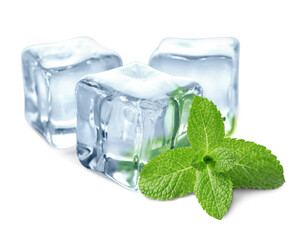 Green mint and ice cubes isolated on white