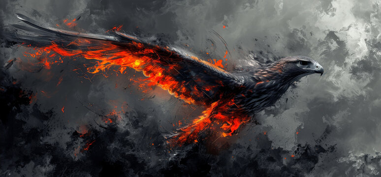 A fiery eagle-like phoenix rising with glowing lava on grunge backdrop.