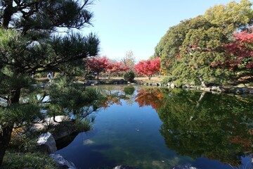 Fototapeta premium Ingetsu Pond and autumn leaves in Shosei-en Garden, Kyoto, Japan