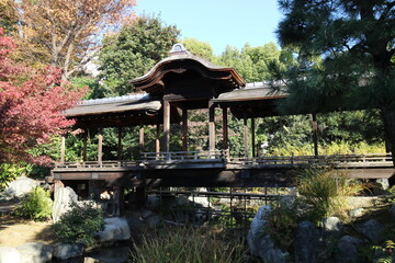 Kaitourou (roofed corridor) and autumn leaves in Shosei-en Garden, Kyoto, Japan