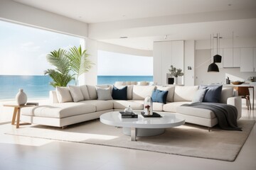 coastial interior home design of modern living room with white sofa and furniture with beach view window