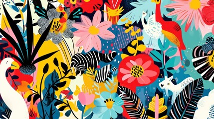  a bunch of colorful flowers and birds on a blue and yellow background with black, white, pink, red, yellow, orange, and green leaves and black and white.