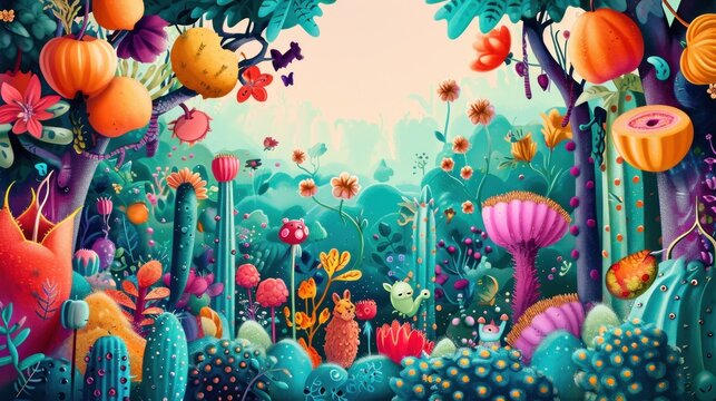  a painting of a forest filled with lots of colorful plants and animals in the middle of the forest, with lots of flowers and plants growing in the foreground.