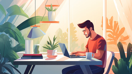 a vector flat style illustration depicting a man working or studying on a laptop at home, showcasing a cozy home workspace with a mix of home and coworking space elements - obrazy, fototapety, plakaty