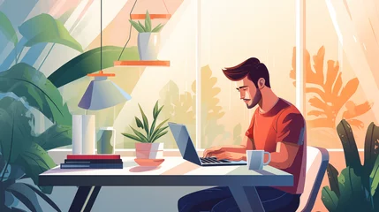 Foto op Canvas a vector flat style illustration depicting a man working or studying on a laptop at home, showcasing a cozy home workspace with a mix of home and coworking space elements © Shahazadi