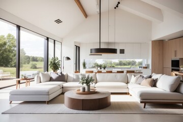 farmhouse interior home design of modern living room with white sofa and furniture with large window