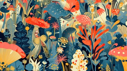  a painting of a forest filled with lots of different types of plants and animals in blue, red, yellow, orange, and white colors, and black colors.