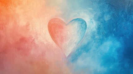 Fototapeta premium a painting of a heart on a blue, pink, and orange background with a white heart on the left side of the image and a blue and orange heart on the right side of the right.