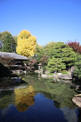 Rinchitei House, autumn leaves and a pond in Shosei-en Garden, Kyoto, Japan