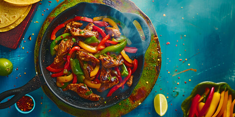 A Plate of Exquisite Chicken Fajitas with Colorful Peppers