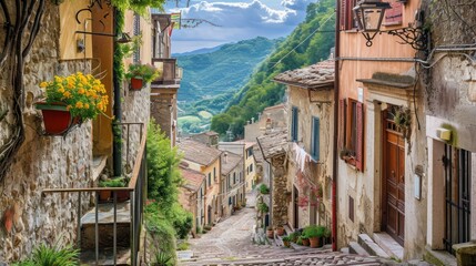  a cobblestone street in a small village with a view of a mountain range in the distance and flowers in the window boxes on either side of the street. - obrazy, fototapety, plakaty