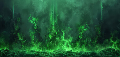 Mystical green explosion with a magical and eerie atmosphere.
