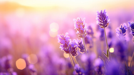 The sun sets over a lavender field, casting a soft, magical glow over the fragrant purple blooms.
