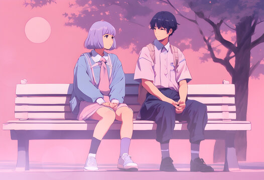Couple of High School Student sitting on a bench under cherry blossom tree, at evening, lo-fi anime pink and purple tone