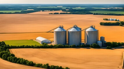 Wheat field with silos standing tall, storing the abundance of agricultural production.