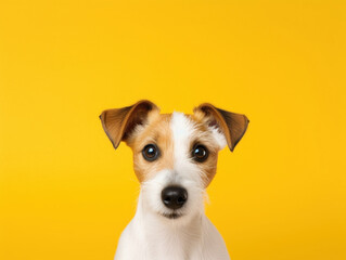 A Jack Russell Terrier's head portrait with attentive expression against a bright yellow background.