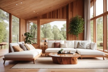 Interior home design of modern living room with wooden table sofa in a wooden house with forest view window