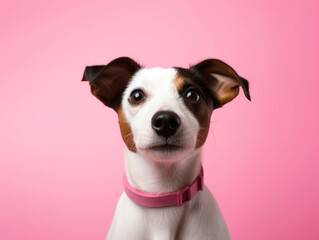 Portrait of a Jack Russell Terrier wearing a pink collar, featuring a whimsical expression on a pink backdrop.