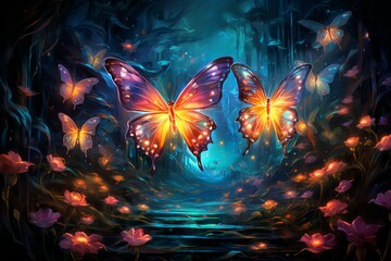 Luminescent soulfire butterflies, illuminating the darkness with their gentle glow - Generative AI