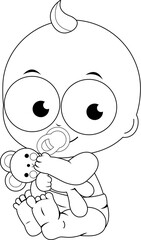 Cute baby playing with a teddy bear. Little baby boy with big toy. Child holding teddy bear. Vector black and white coloring page.