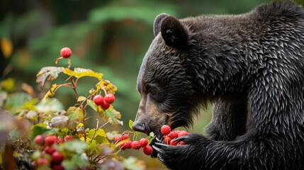 A bear munching on berries in the forest - obrazy, fototapety, plakaty