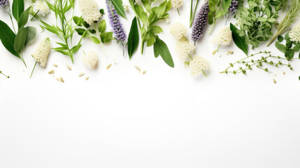 A fresh herbal and floral composition with a variety of plants and flowers arranged on a pure white background.