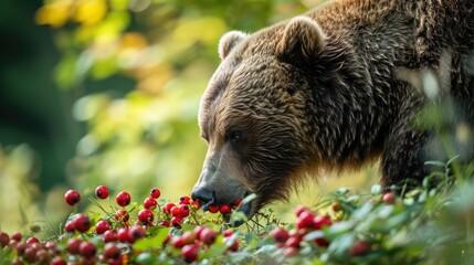 A bear munching on berries in the forest - obrazy, fototapety, plakaty