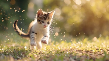 Obraz premium a small kitten running through the grass towards the camera with a blurry background of trees and grass in the foreground and a blurry background of the grass.