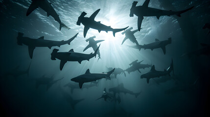 hammerhead sharks silhouette with rays of light underwater - obrazy, fototapety, plakaty