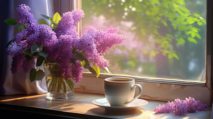 A steaming cup of coffee accompanies a lush lilac bouquet on a sunlit window sill, creating a cozy, inviting morning scene.