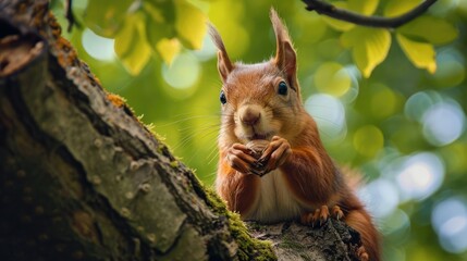 A squirrel munching on a nut in a tree