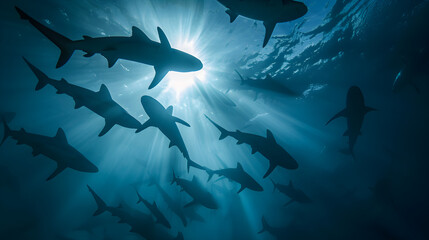 sharks silhouette with rays of light underwater - obrazy, fototapety, plakaty
