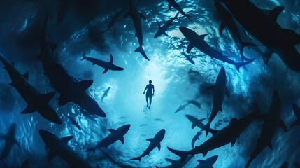 underwater silhouette shot of sharks circling swimmer - obrazy, fototapety, plakaty
