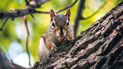 A squirrel munching on a nut in a tree - obrazy, fototapety, plakaty