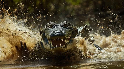 Fotobehang A crocodile devouring its prey in a murky swamp © wahyu