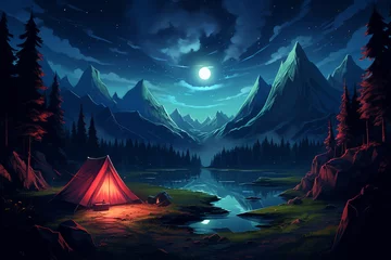 Fotobehang illustration of Camping Evening Scene. Tent, Campfire, Pine forest and rocky mountains background, starry night sky with moonlight transparent background Generative Ai © AbdullahAl