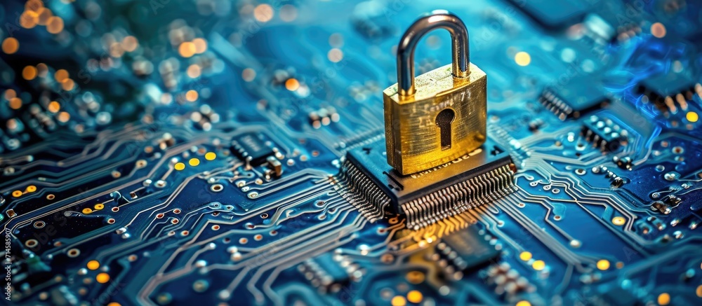 Poster locked padlock on a circuit board. fee computer - computer security.