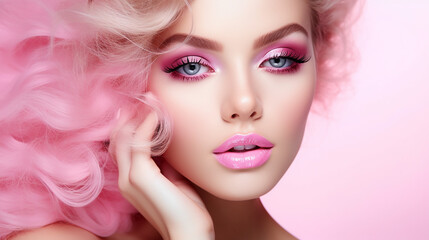 Fototapeta premium beauty makeup and nail art concept. beautiful fashion on pink background
