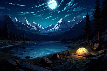 Fotobehang illustration of Camping Evening Scene. Tent, Campfire, Pine forest and rocky mountains background, starry night sky with moonlight transparent background Generative Ai © AbdullahAl