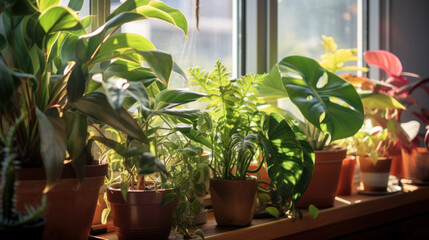 Various indoor plants on a window sill bathed in sunlight, creating a peaceful and green environment.