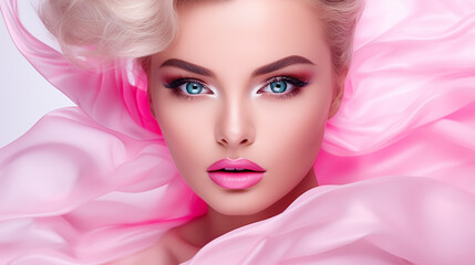 beauty makeup and nail art concept. beautiful fashion on pink background - obrazy, fototapety, plakaty
