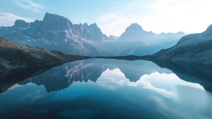 a mountain range is reflected in the still water of a lake in the middle of a mountain range, with a blue sky and clouds reflected in the foreground.