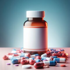 Antibiotic capsule pills and blank label plastic drug bottle on gradient background