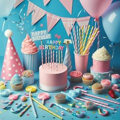 Birthday party caps, paper straws, candy and baloons on blue background